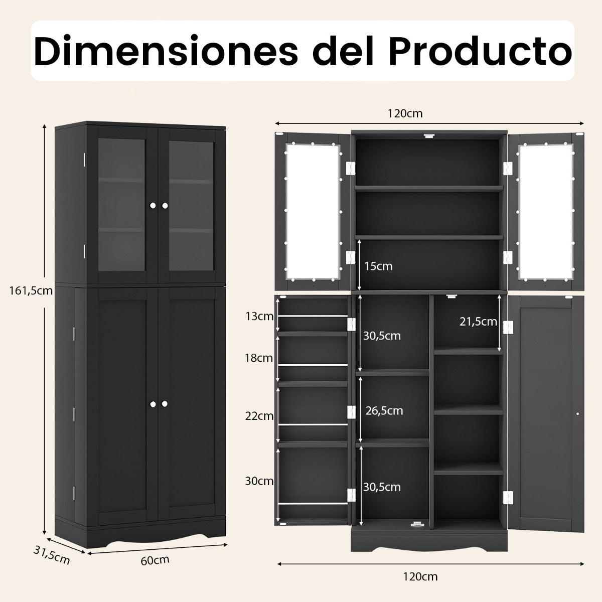 Armario de Almacenamiento para Despensa de Cocina con Puertas de Cristal Estantes Adicionales para Puertas Independiente para Comedor Negro