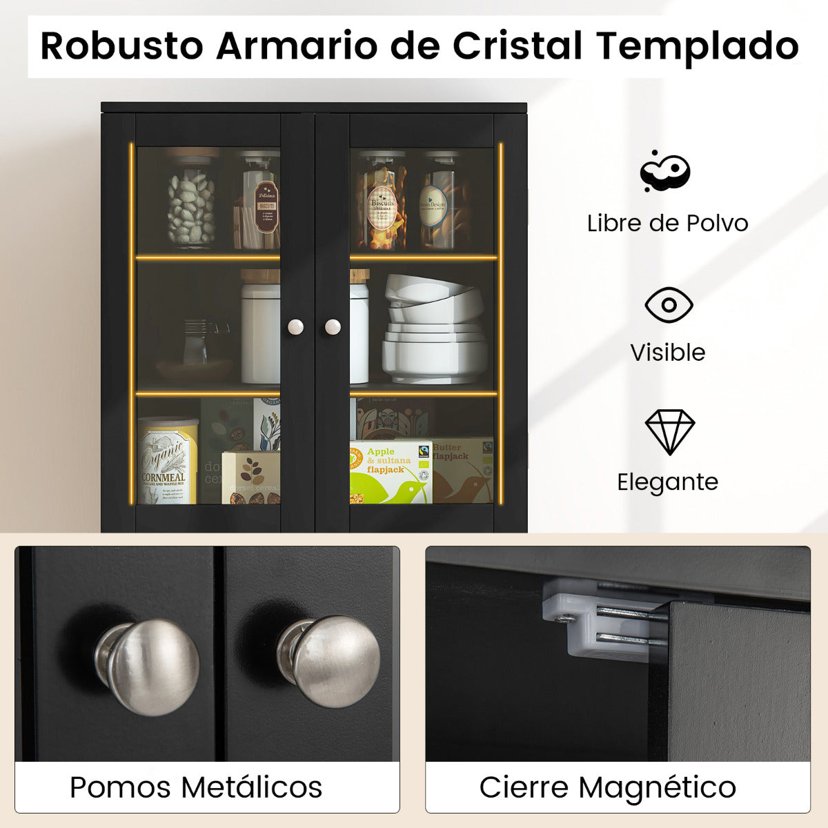 Armario de Almacenamiento para Despensa de Cocina con Puertas de Cristal Estantes Adicionales para Puertas Independiente para Comedor Negro