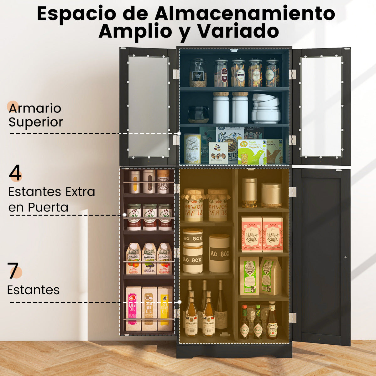 Armario de Almacenamiento para Despensa de Cocina con Puertas de Cristal Estantes Adicionales para Puertas Independiente para Comedor Negro