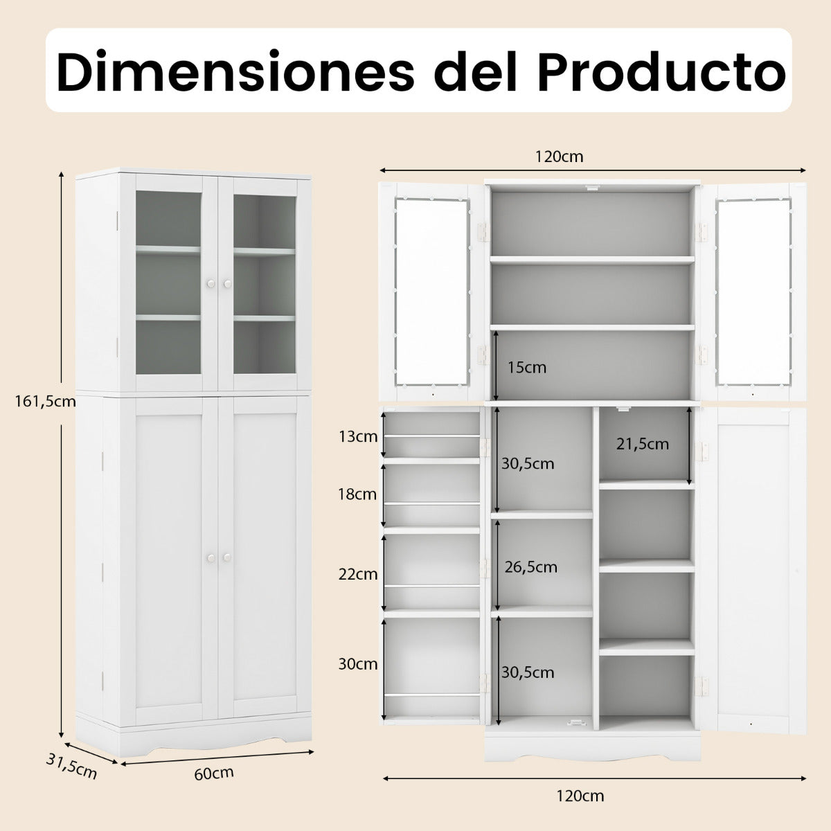 Armario de Almacenamiento para Despensa de Cocina con Puertas de Cristal Estantes Adicionales para Puertas Independiente para Comedor Blanco