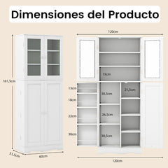 Armario de Almacenamiento para Despensa de Cocina con Puertas de Cristal Estantes Adicionales para Puertas Independiente para Comedor Blanco