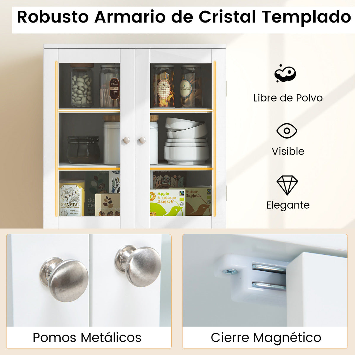 Armario de Almacenamiento para Despensa de Cocina con Puertas de Cristal Estantes Adicionales para Puertas Independiente para Comedor Blanco