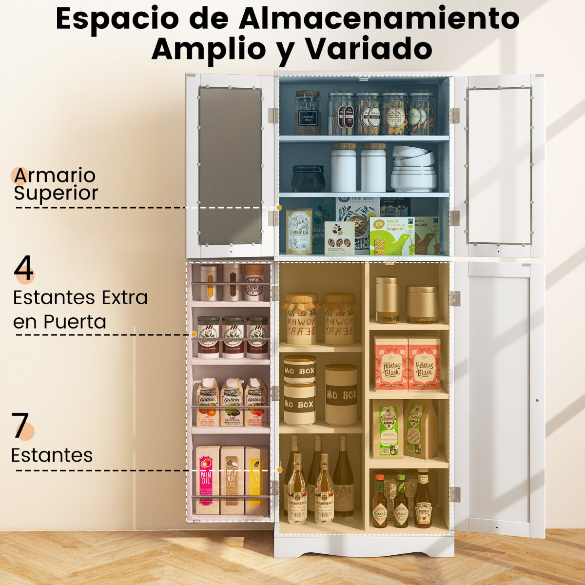 Armario de Almacenamiento para Despensa de Cocina con Puertas de Cristal Estantes Adicionales para Puertas Independiente para Comedor Blanco