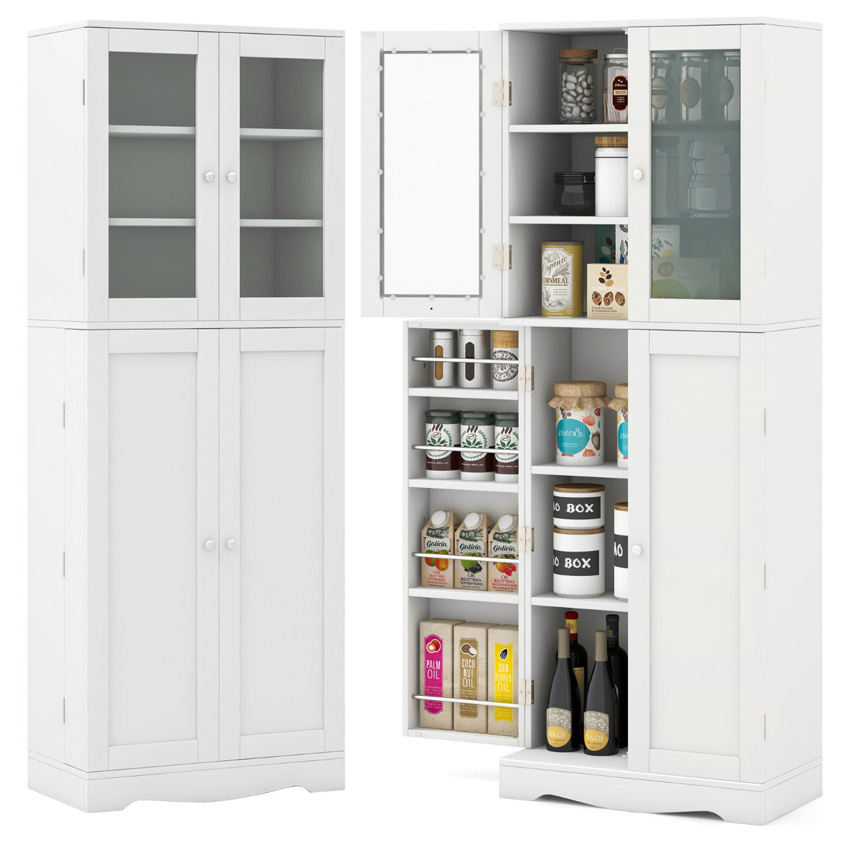 Armario de Almacenamiento para Despensa de Cocina con Puertas de Cristal Estantes Adicionales para Puertas Independiente para Comedor Blanco