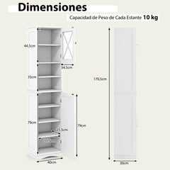 Armario de Baño Alto 170,5 CM Armario Independiente con 5 Estantes Ajustables Puertas Antivuelco Armario de Esquina Compacto Blanco
