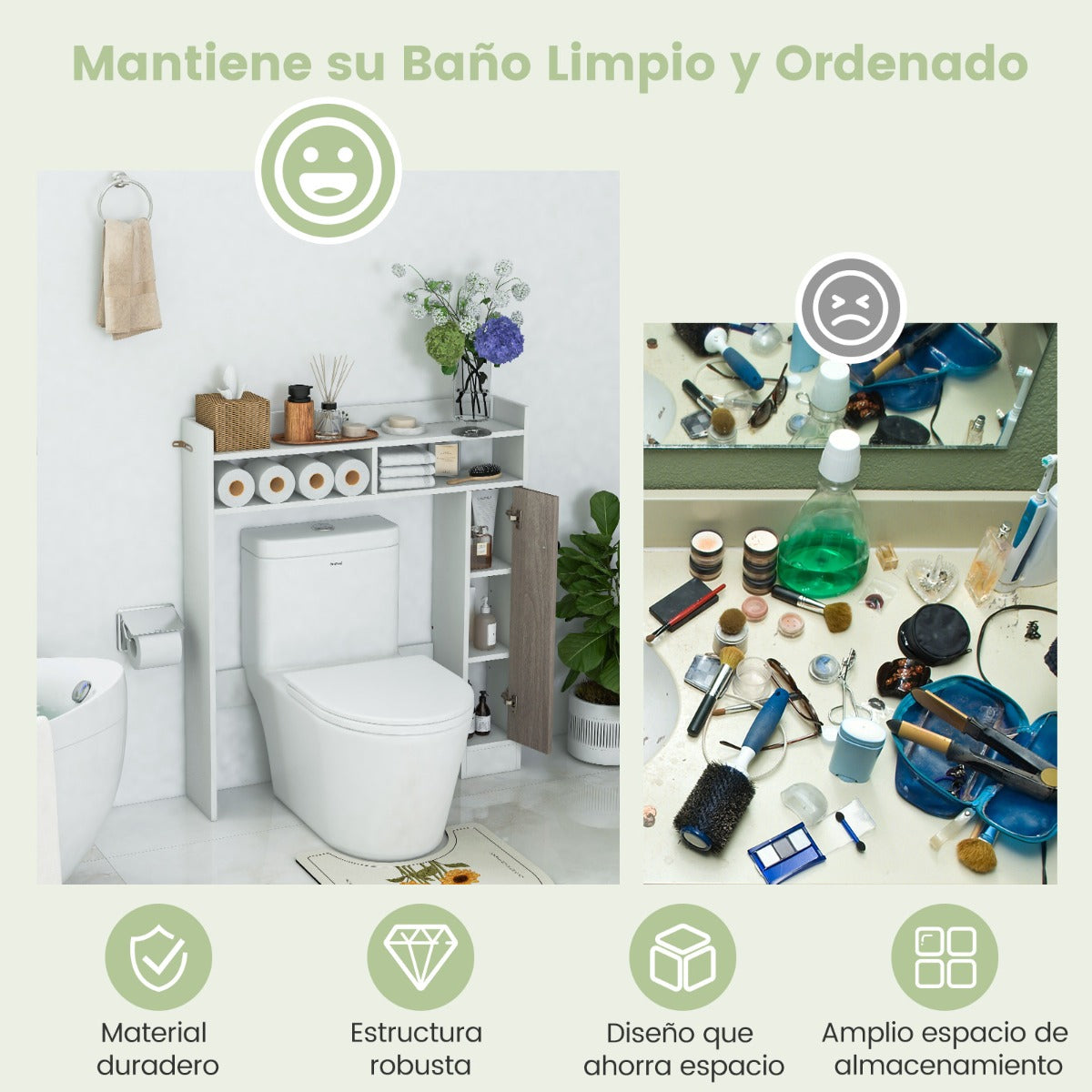 Armario de Almacenamiento sobre Inodoro Organizador de Baño Independiente con Estantes Ajustables y Puerta 88 cm x 18 cm x 100 cm Blanco