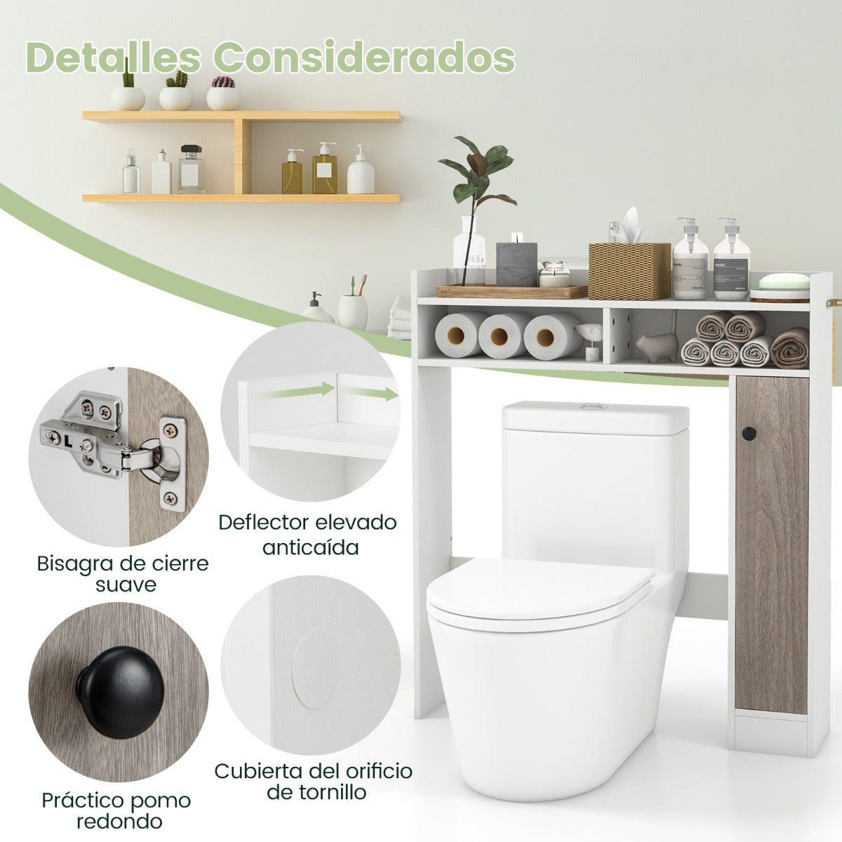 Armario de Almacenamiento sobre Inodoro Organizador de Baño Independiente con Estantes Ajustables y Puerta 88 cm x 18 cm x 100 cm Blanco