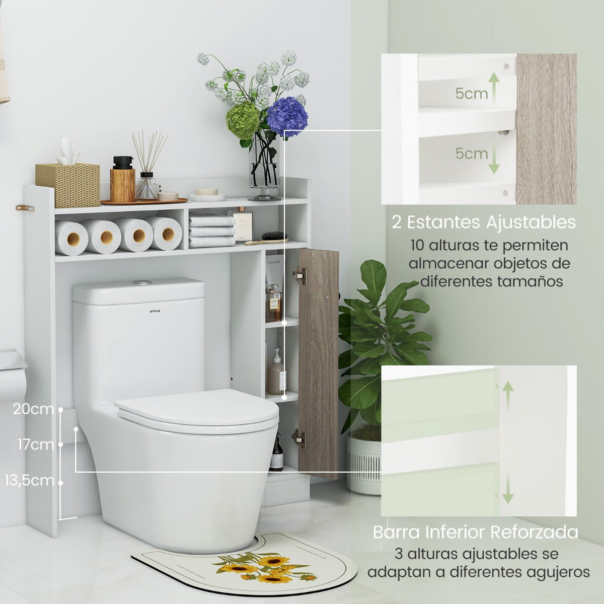 Armario de Almacenamiento sobre Inodoro Organizador de Baño Independiente con Estantes Ajustables y Puerta 88 cm x 18 cm x 100 cm Blanco