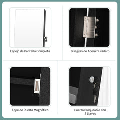 Armario para Joyas de Pie con Espejo de Cuerpo Entero Organizador de Joyas con Puerta Cajones Ruedas Bloqueables 42 x 38 x 157 cm Negro
