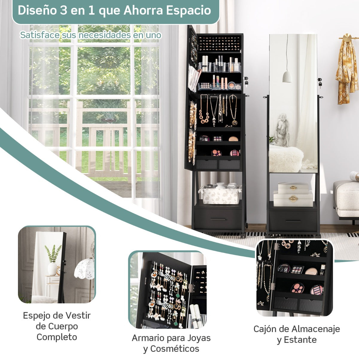 Armario para Joyas de Pie con Espejo de Cuerpo Entero Organizador de Joyas con Puerta Cajones Ruedas Bloqueables 42 x 38 x 157 cm Negro