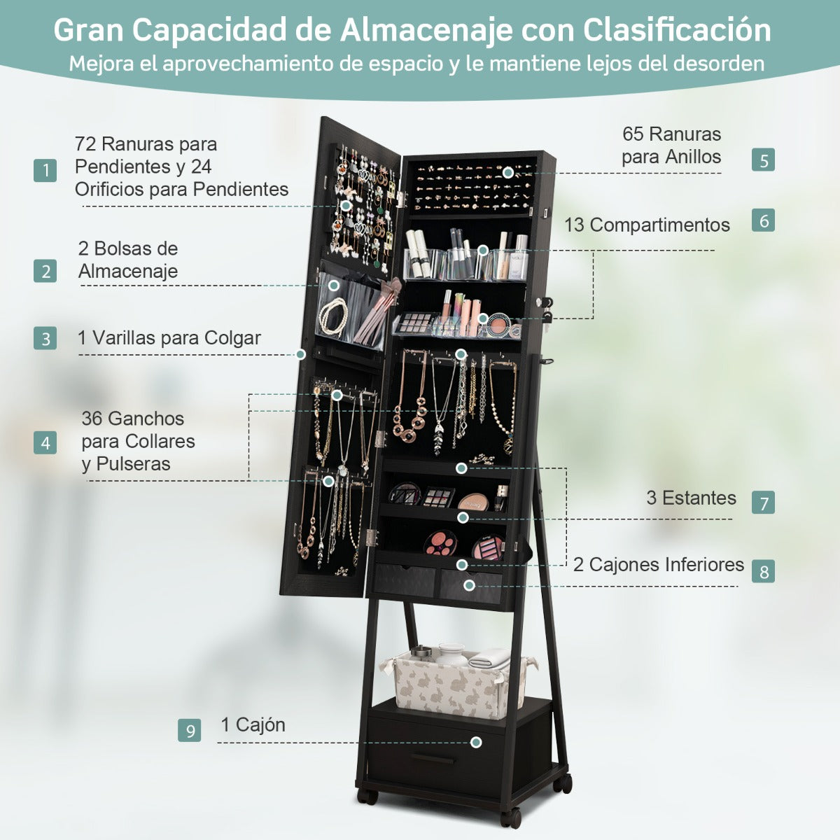 Armario para Joyas de Pie con Espejo de Cuerpo Entero Organizador de Joyas con Puerta Cajones Ruedas Bloqueables 42 x 38 x 157 cm Negro
