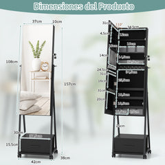 Armario para Joyas de Pie con Espejo de Cuerpo Entero Organizador de Joyas con Puerta Cajones Ruedas Bloqueables 42 x 38 x 157 cm Negro