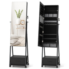 Armario para Joyas de Pie con Espejo de Cuerpo Entero Organizador de Joyas con Puerta Cajones Ruedas Bloqueables 42 x 38 x 157 cm Negro