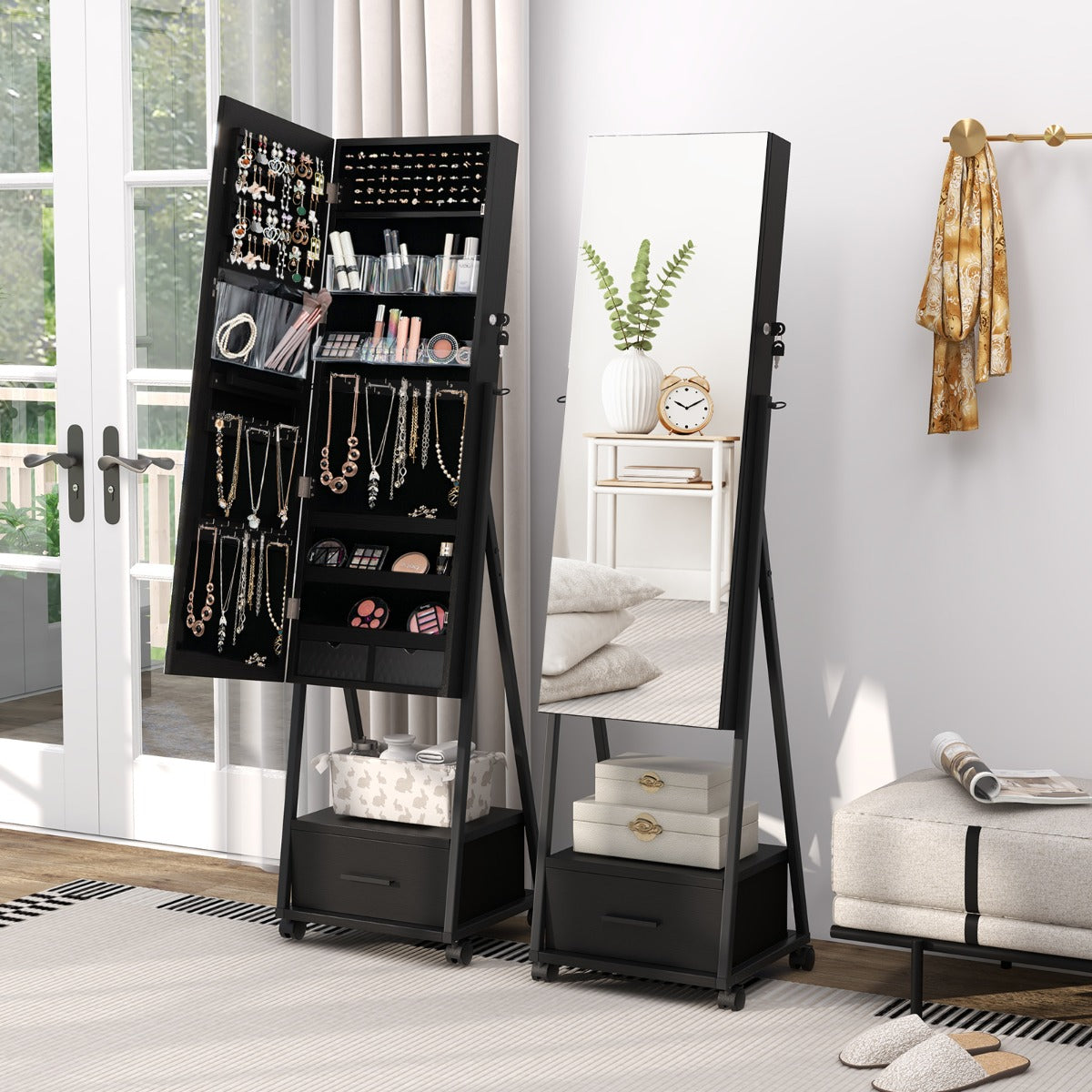 Armario para Joyas de Pie con Espejo de Cuerpo Entero Organizador de Joyas con Puerta Cajones Ruedas Bloqueables 42 x 38 x 157 cm Negro