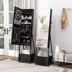 Armario para Joyas de Pie con Espejo de Cuerpo Entero Organizador de Joyas con Puerta Cajones Ruedas Bloqueables 42 x 38 x 157 cm Negro