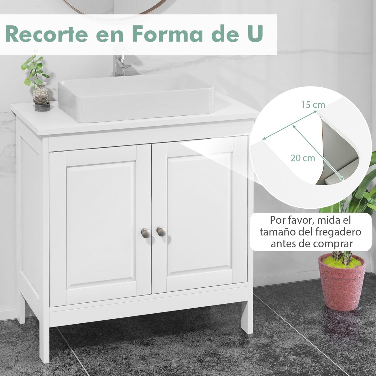 Armario Bajo el Lavabo Gabinete de Baño Independiente con 2 Puertas Estante Ajustable en 3 Posiciones y Recorte en Forma de U Blanco