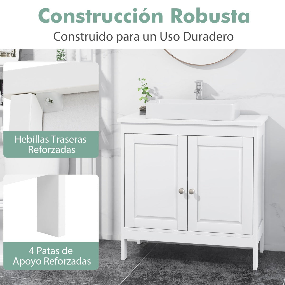 Armario Bajo el Lavabo Gabinete de Baño Independiente con 2 Puertas Estante Ajustable en 3 Posiciones y Recorte en Forma de U Blanco