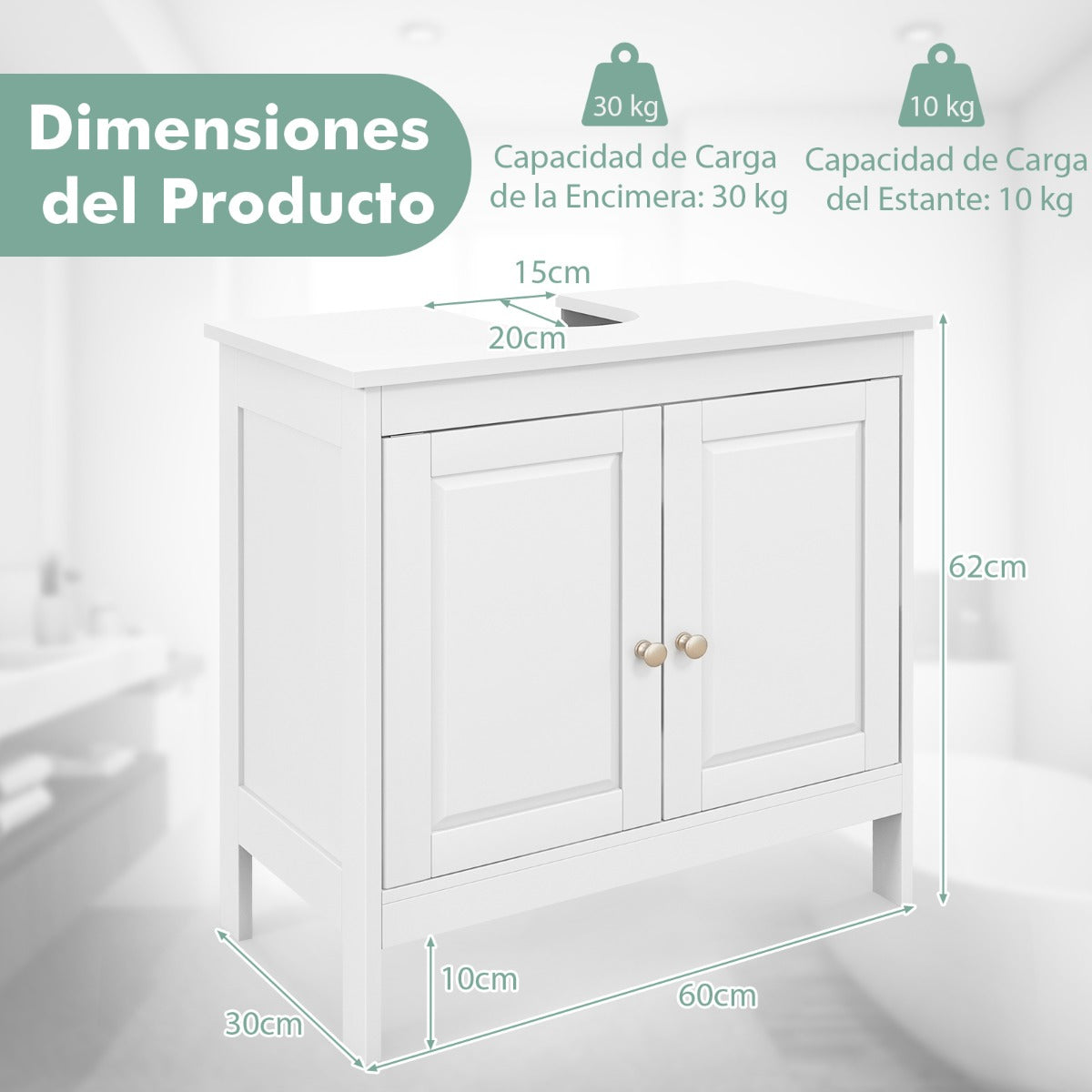 Armario Bajo el Lavabo Gabinete de Baño Independiente con 2 Puertas Estante Ajustable en 3 Posiciones y Recorte en Forma de U Blanco