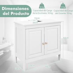 Armario Bajo el Lavabo Gabinete de Baño Independiente con 2 Puertas Estante Ajustable en 3 Posiciones y Recorte en Forma de U Blanco