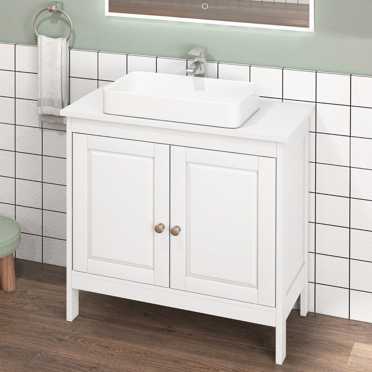 Armario Bajo el Lavabo Gabinete de Baño Independiente con 2 Puertas Estante Ajustable en 3 Posiciones y Recorte en Forma de U Blanco