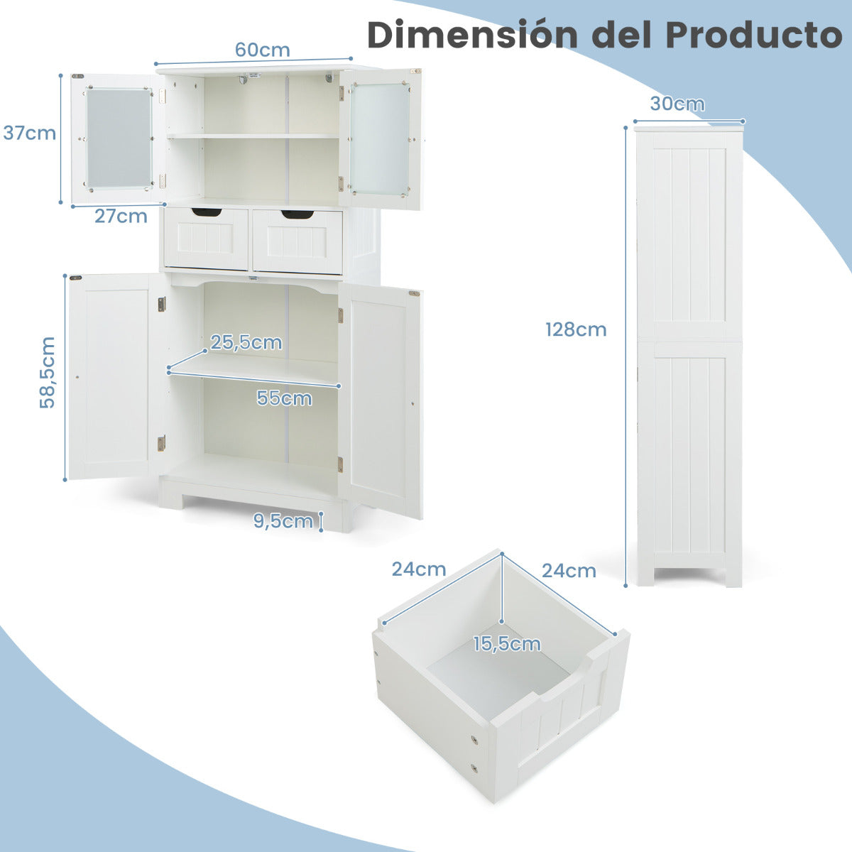 Armario de Almacenamiento de Piso con 4 Puertas Gabinete de Baño Independiente 2 Cajones Estantes para Cocina Sala 60 x 30 x 128 cm Blanco