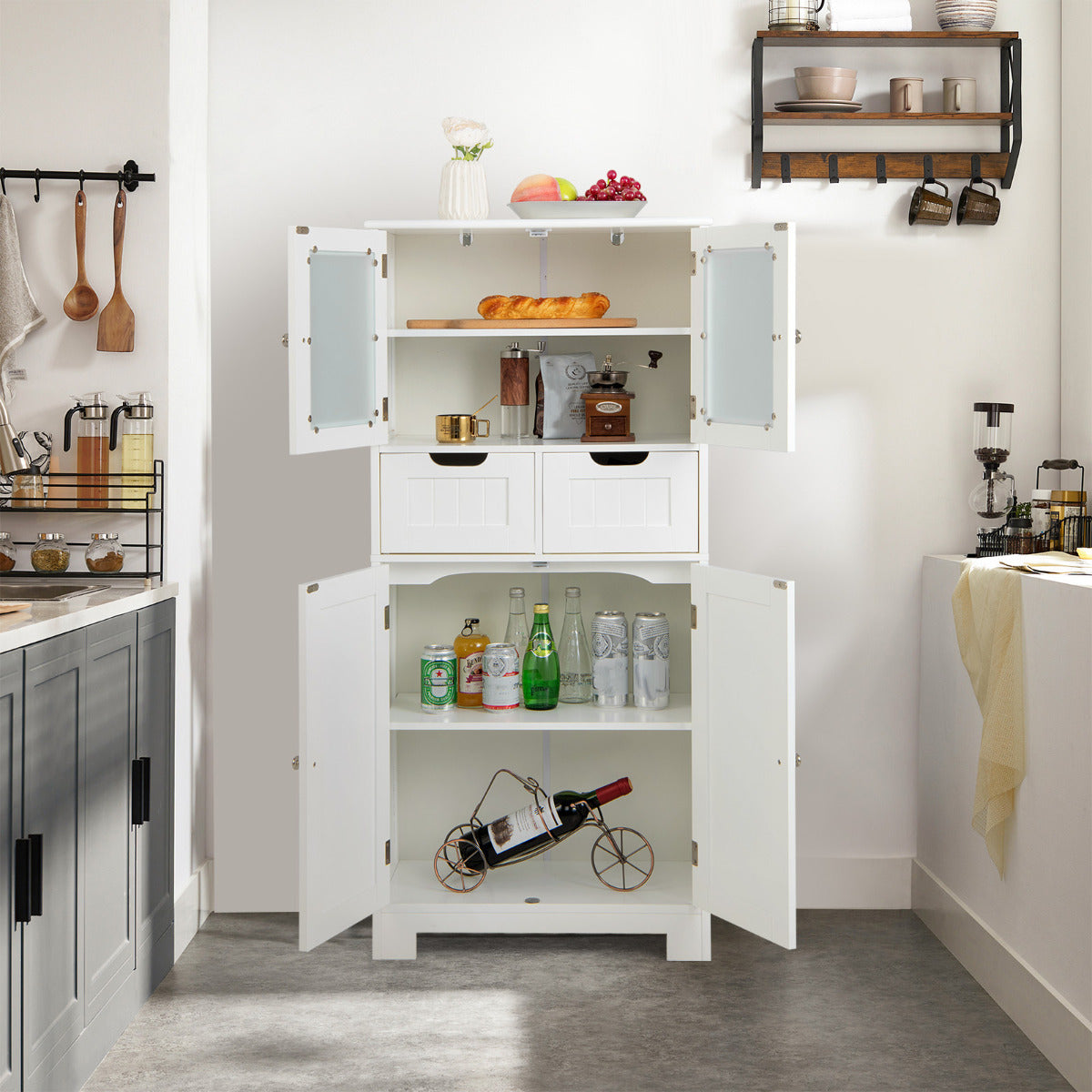 Armario de Almacenamiento de Piso con 4 Puertas Gabinete de Baño Independiente 2 Cajones Estantes para Cocina Sala 60 x 30 x 128 cm Blanco
