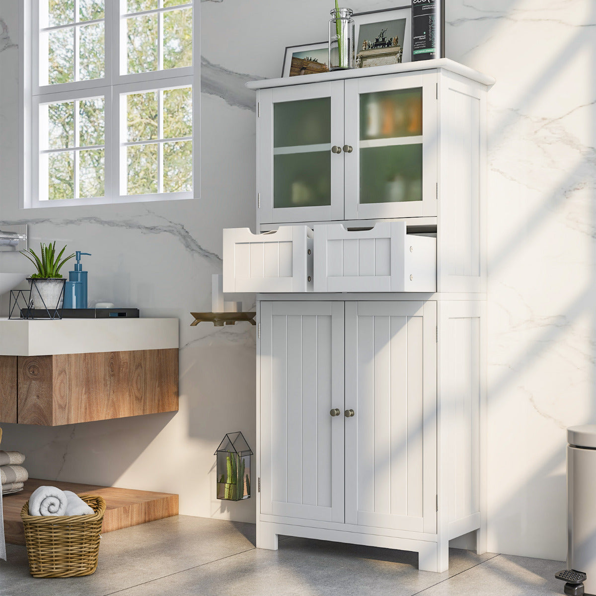 Armario de Almacenamiento de Piso con 4 Puertas Gabinete de Baño Independiente 2 Cajones Estantes para Cocina Sala 60 x 30 x 128 cm Blanco
