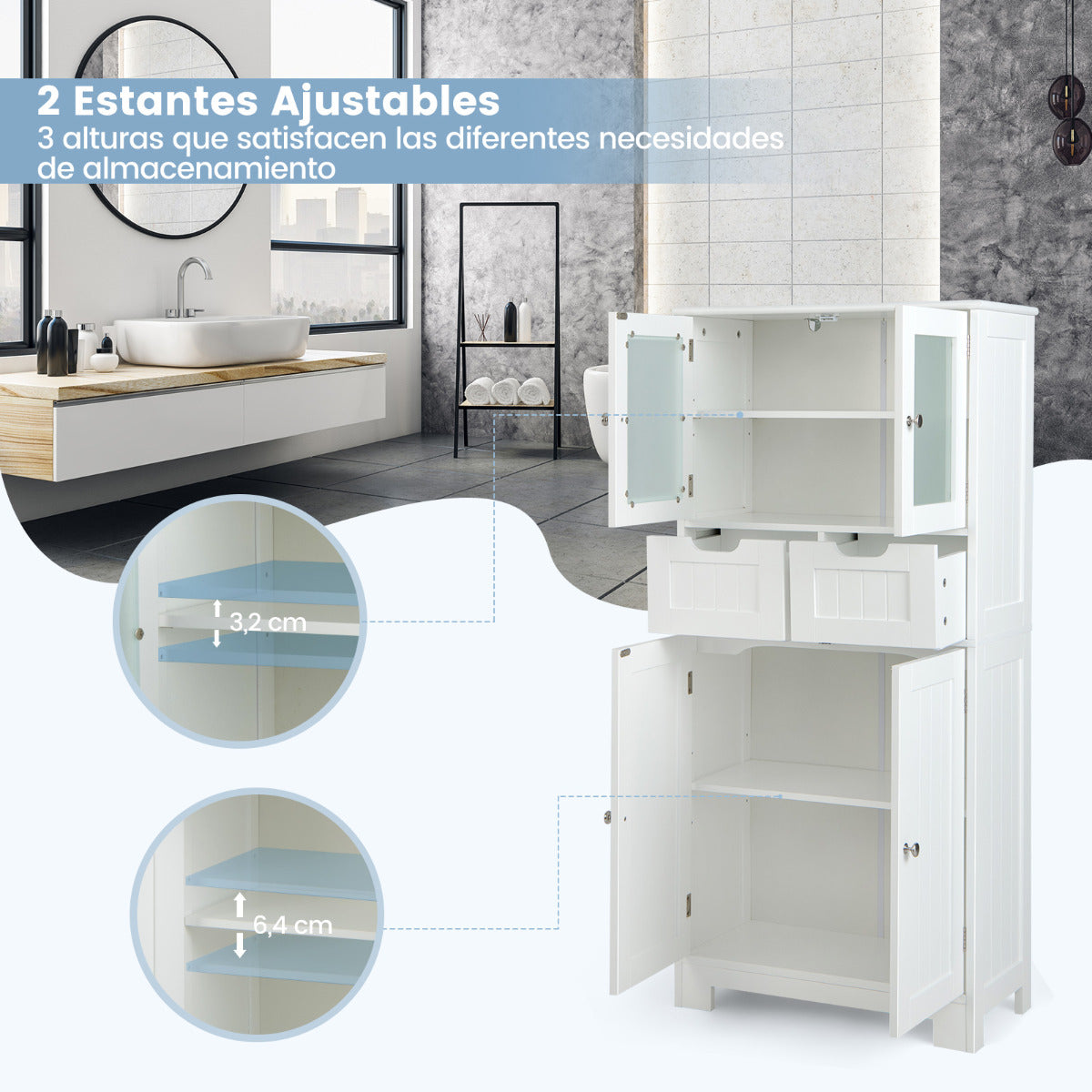 Armario de Almacenamiento de Piso con 4 Puertas Gabinete de Baño Independiente 2 Cajones Estantes para Cocina Sala 60 x 30 x 128 cm Blanco