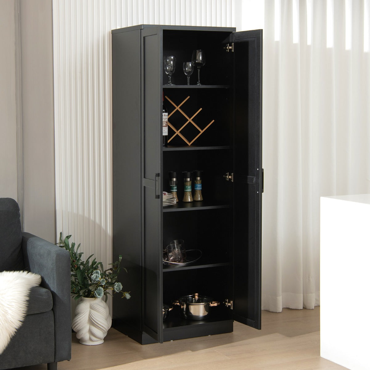 Armario de Almacenamiento Multifuncional con 2 Puertas y 5 Estantes Ajustables 59 x 43,5 x 178 cm-Negro