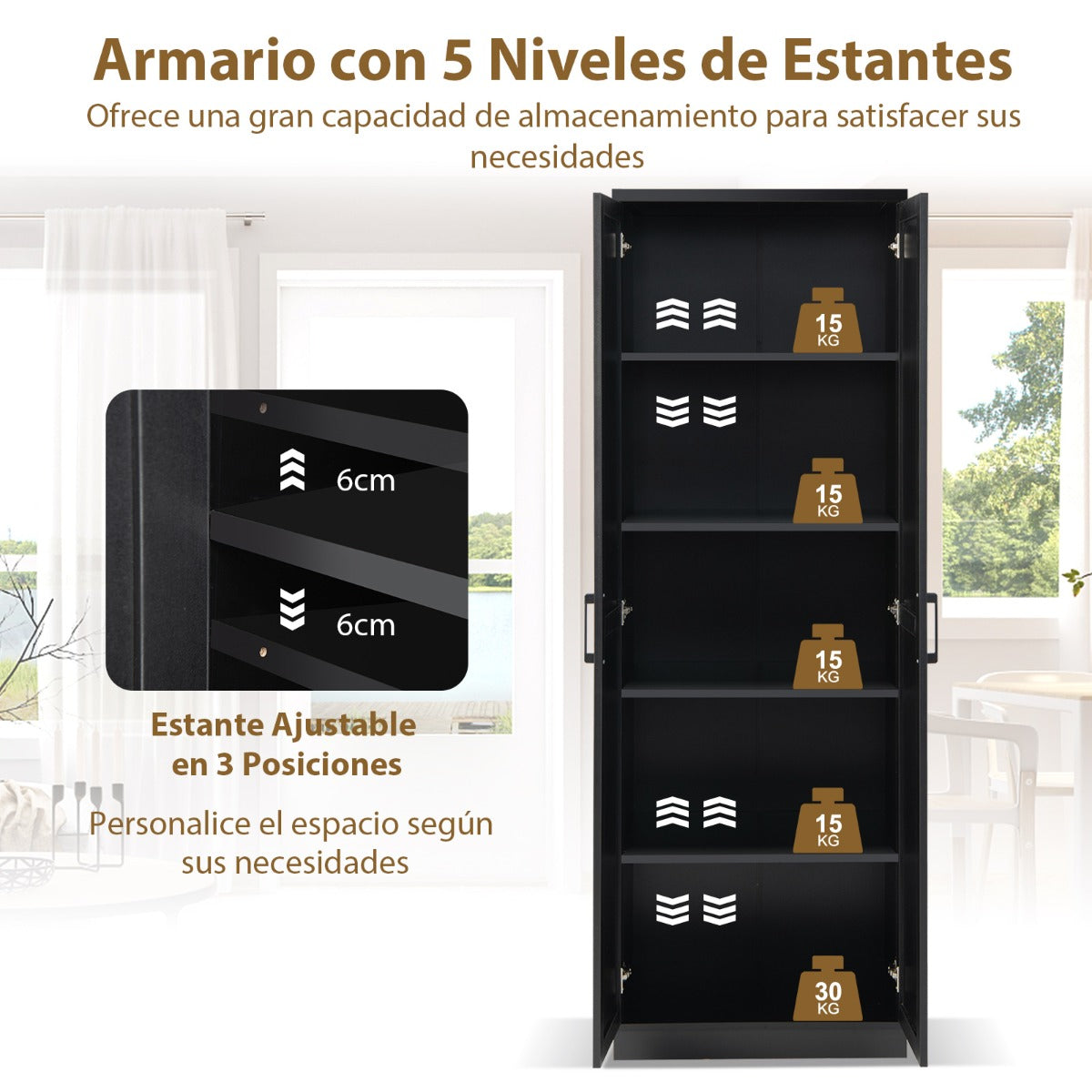 Armario de Almacenamiento Multifuncional con 2 Puertas y 5 Estantes Ajustables 59 x 43,5 x 178 cm-Negro