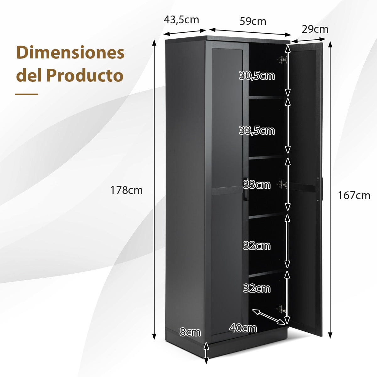 Armario de Almacenamiento Multifuncional con 2 Puertas y 5 Estantes Ajustables 59 x 43,5 x 178 cm-Negro