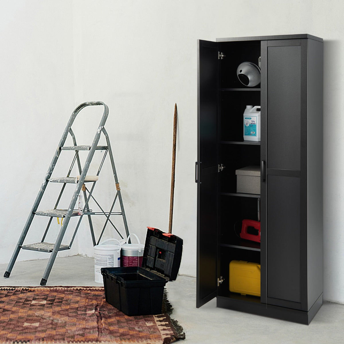 Armario de Almacenamiento Multifuncional con 2 Puertas y 5 Estantes Ajustables 59 x 43,5 x 178 cm-Negro