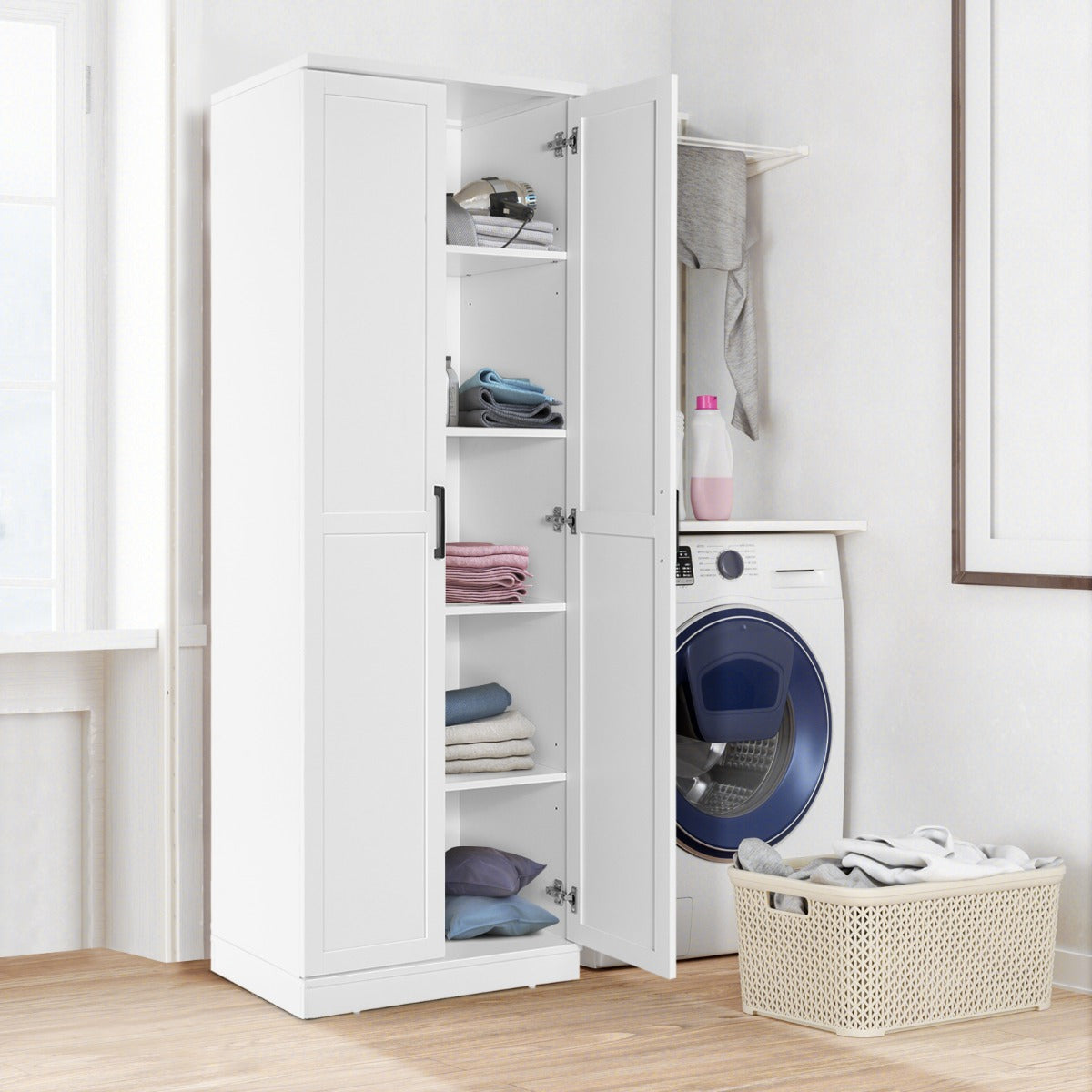 Armario de Almacenamiento Multifuncional con 2 Puertas y 5 Estantes Ajustables 59 x 43,5 x 178 cm Blanco