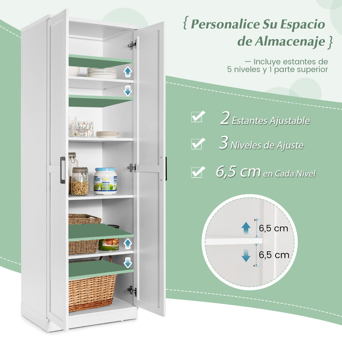 Armario de Almacenamiento Multifuncional con 2 Puertas y 5 Estantes Ajustables 59 x 43,5 x 178 cm Blanco