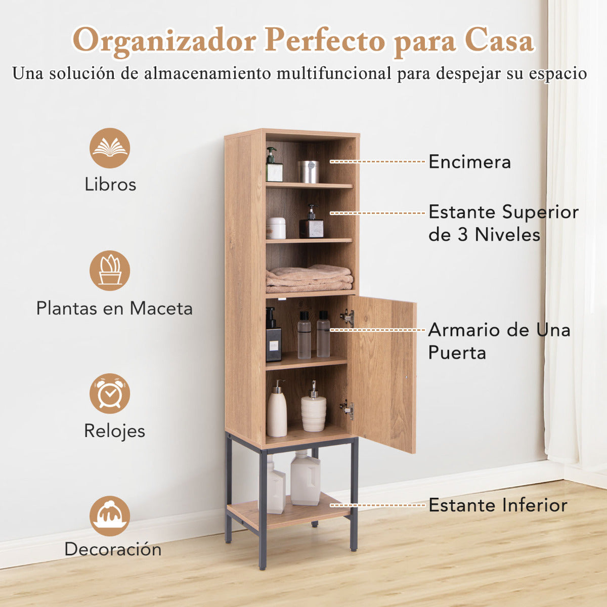 Armario de Almacenamiento de 145 cm Alto con Estantes Ajustables Armario Delgado con Puerta para Sala de Estar Cocina Oficina Natural