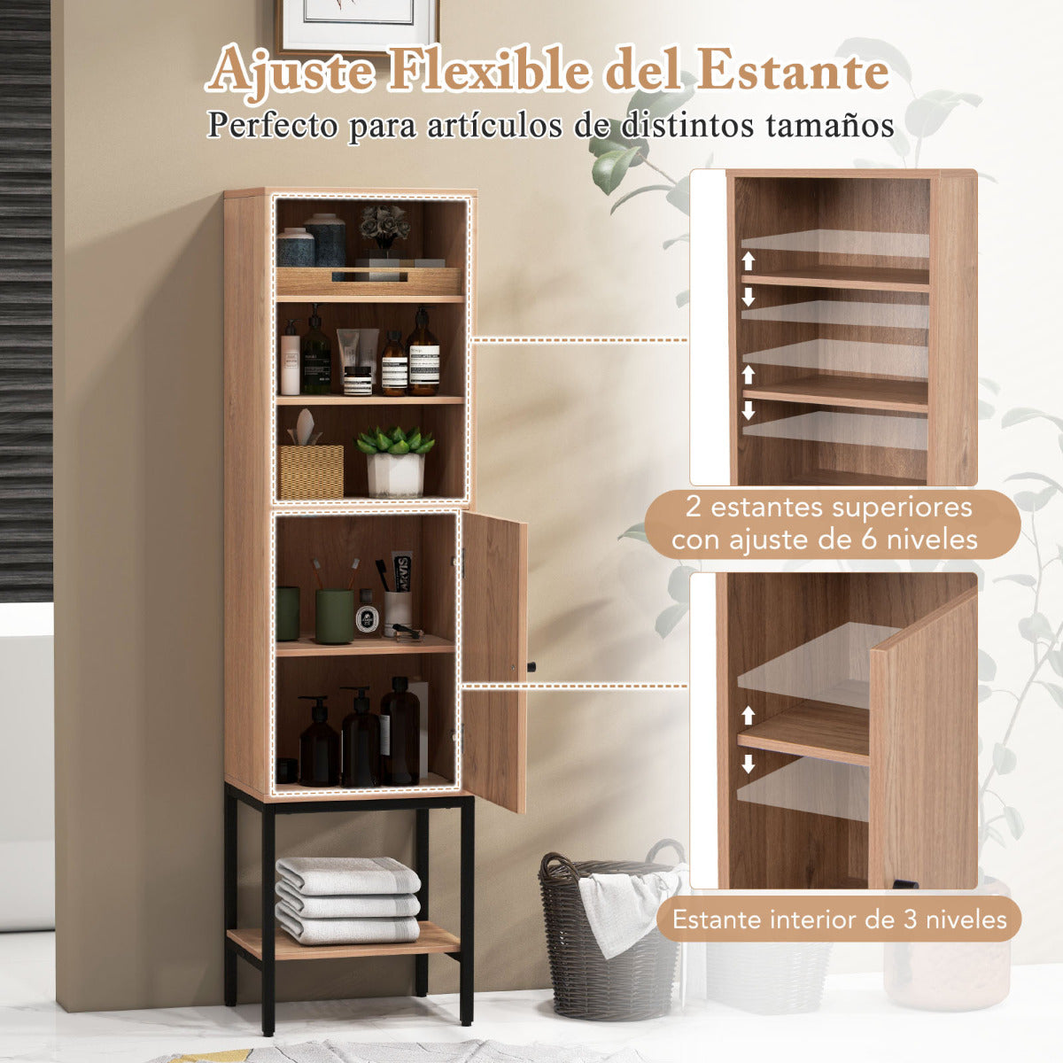 Armario de Almacenamiento de 145 cm Alto con Estantes Ajustables Armario Delgado con Puerta para Sala de Estar Cocina Oficina Natural