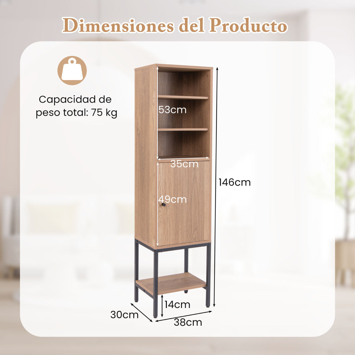 Armario de Almacenamiento de 145 cm Alto con Estantes Ajustables Armario Delgado con Puerta para Sala de Estar Cocina Oficina Natural