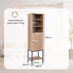 Armario de Almacenamiento de 145 cm Alto con Estantes Ajustables Armario Delgado con Puerta para Sala de Estar Cocina Oficina Natural