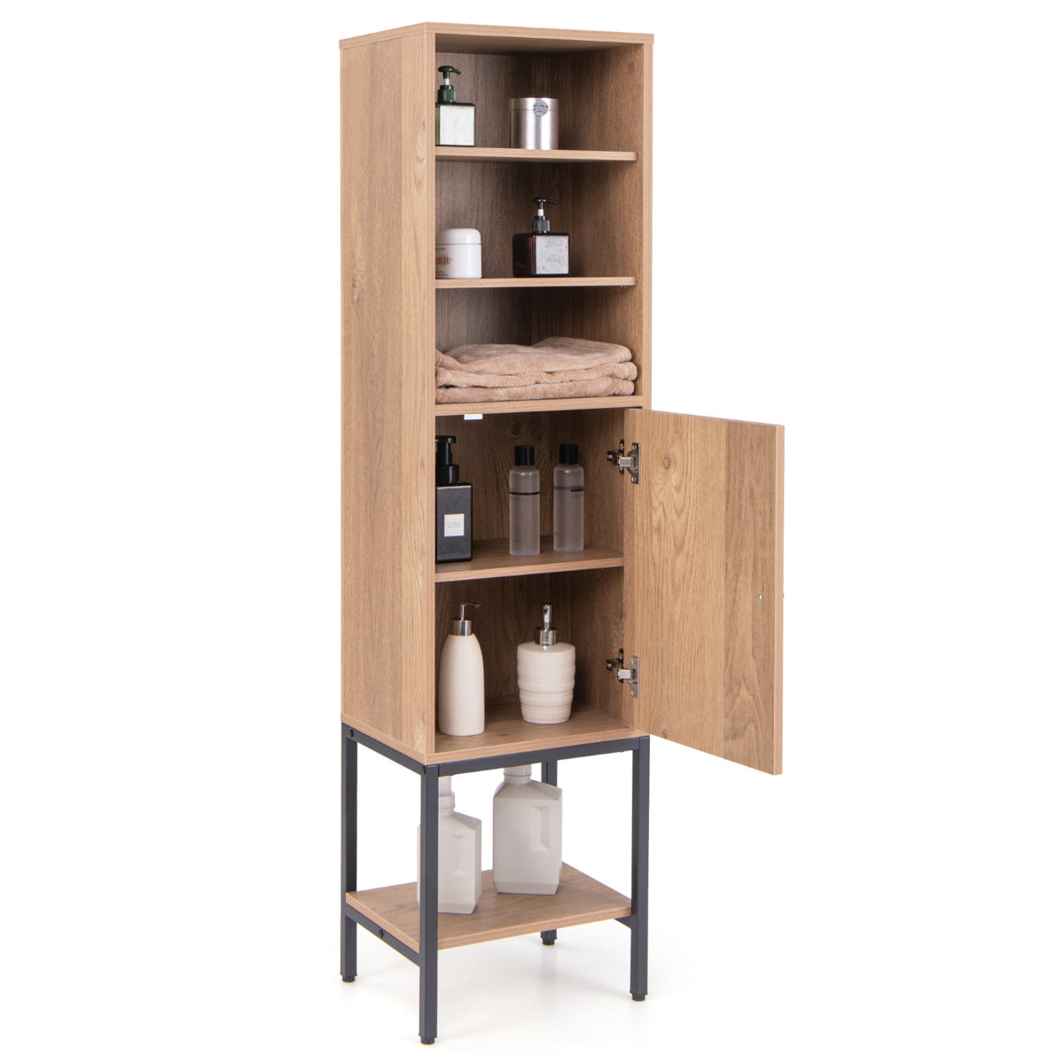 Armario de Almacenamiento de 145 cm Alto con Estantes Ajustables Armario Delgado con Puerta para Sala de Estar Cocina Oficina Natural