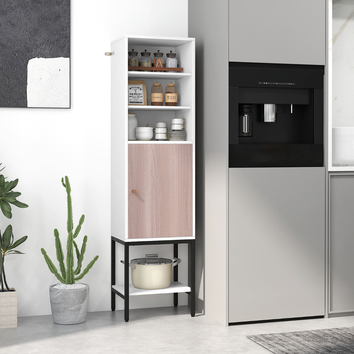 Armario de Almacenamiento de 145 cm Alto con Estantes Ajustables Armario Delgado con Puerta para Sala de Estar Cocina Oficina Blanco