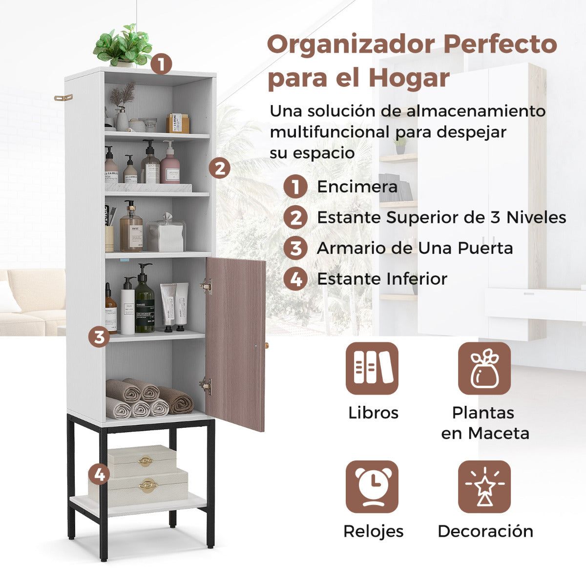 Armario de Almacenamiento de 145 cm Alto con Estantes Ajustables Armario Delgado con Puerta para Sala de Estar Cocina Oficina Blanco