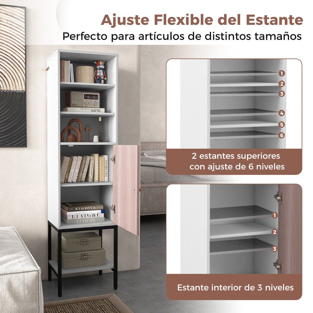 Armario de Almacenamiento de 145 cm Alto con Estantes Ajustables Armario Delgado con Puerta para Sala de Estar Cocina Oficina Blanco