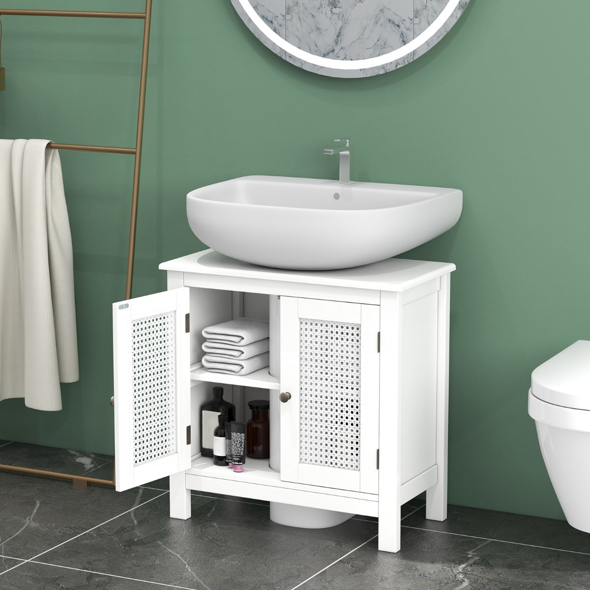 Armario de Almacenamiento para Lavabo con 2 Puertas de Ratán Mueble de Lavabo con Corte en Forma de U Pomos para Abrir y Cerrar Blanco