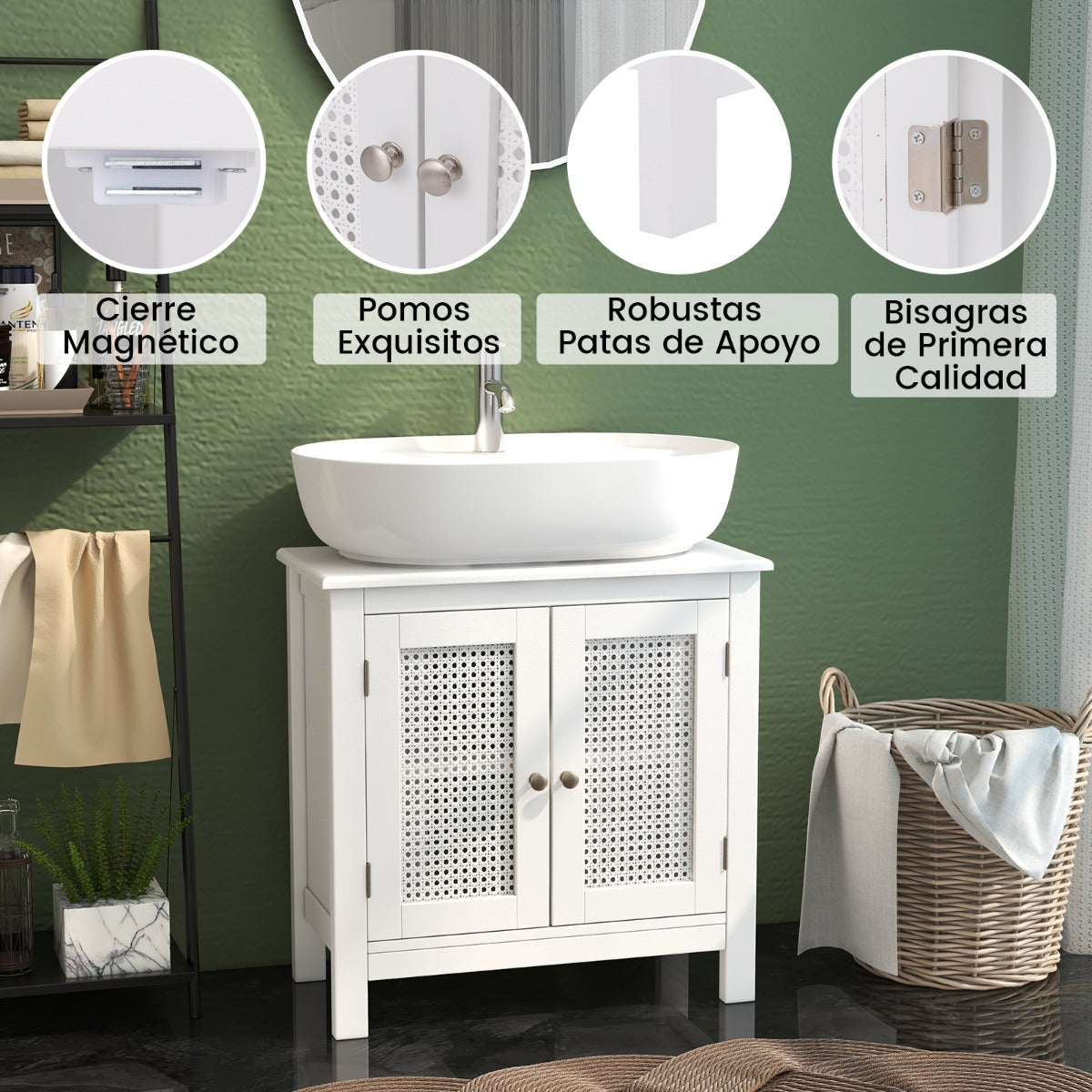 Armario de Almacenamiento para Lavabo con 2 Puertas de Ratán Mueble de Lavabo con Corte en Forma de U Pomos para Abrir y Cerrar Blanco