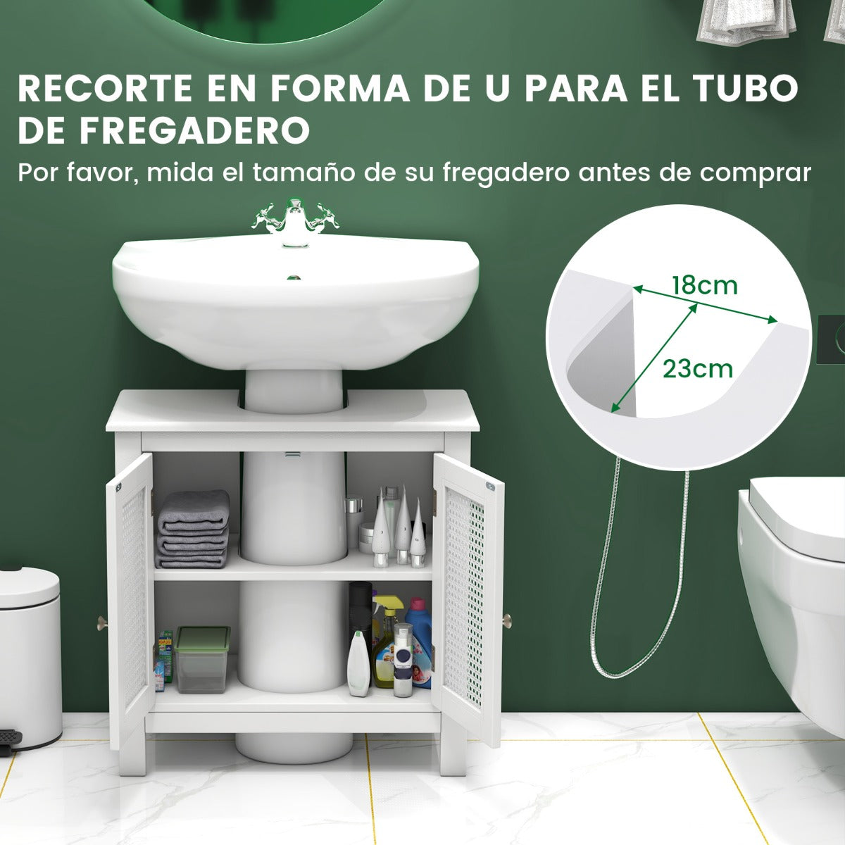 Armario de Almacenamiento para Lavabo con 2 Puertas de Ratán Mueble de Lavabo con Corte en Forma de U Pomos para Abrir y Cerrar Blanco
