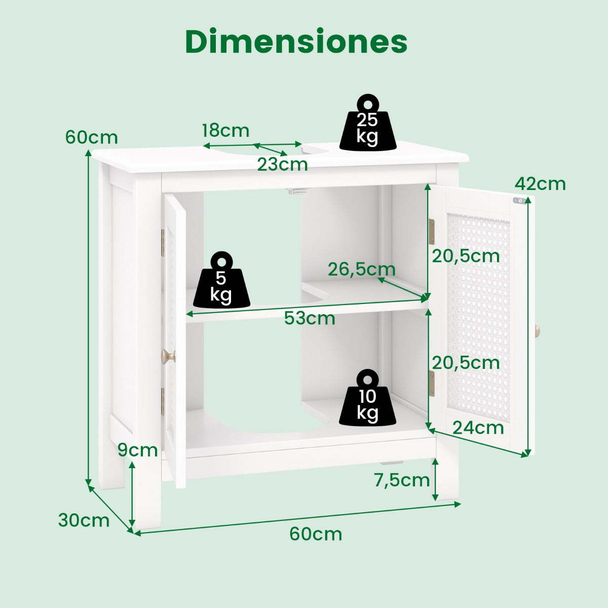 Armario de Almacenamiento para Lavabo con 2 Puertas de Ratán Mueble de Lavabo con Corte en Forma de U Pomos para Abrir y Cerrar Blanco