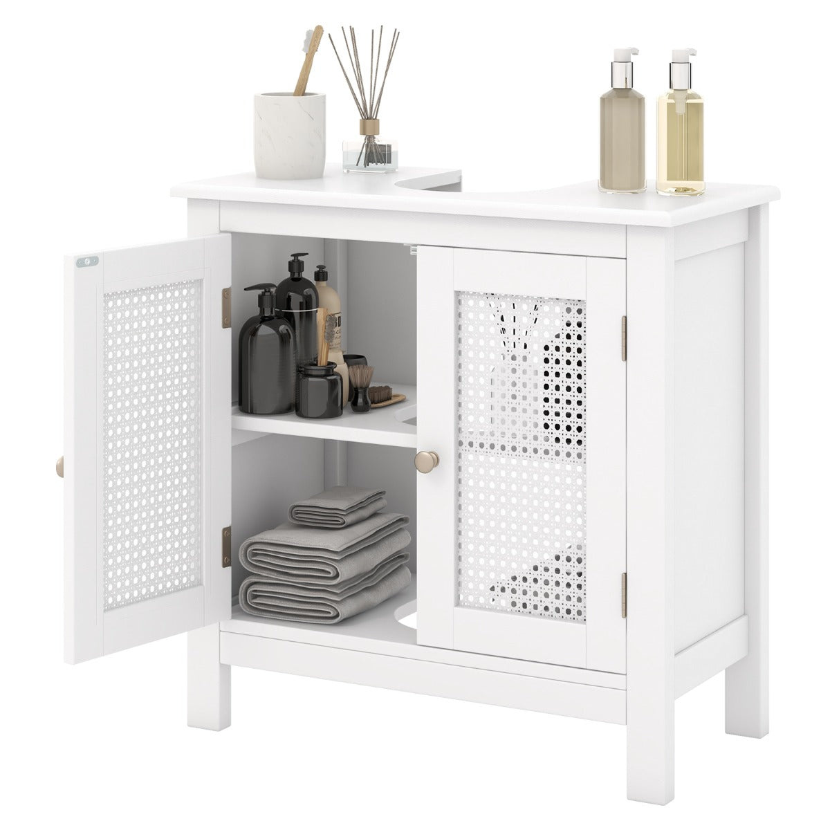 Armario de Almacenamiento para Lavabo con 2 Puertas de Ratán Mueble de Lavabo con Corte en Forma de U Pomos para Abrir y Cerrar Blanco