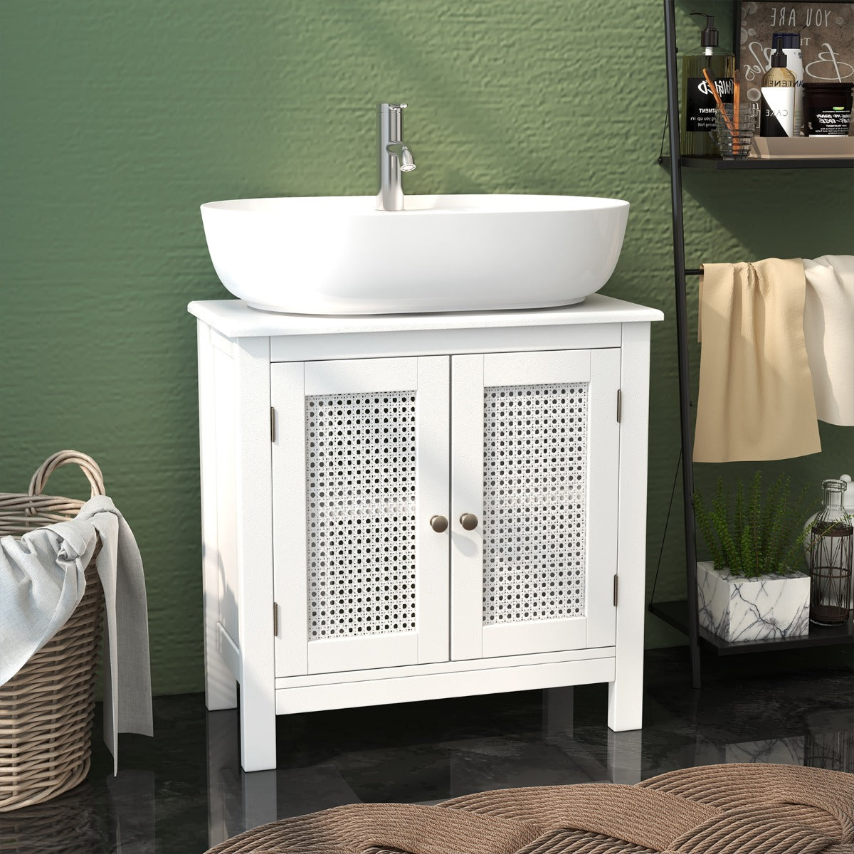 Armario de Almacenamiento para Lavabo con 2 Puertas de Ratán Mueble de Lavabo con Corte en Forma de U Pomos para Abrir y Cerrar Blanco