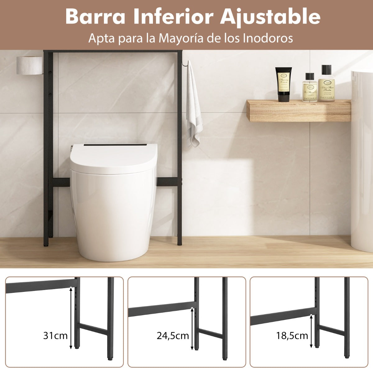 Armario de Almacenamiento sobre el Inodoro Estante Independiente para Baño con 2 Puertas Estante y Barra Estante sobre Lavandería Natural