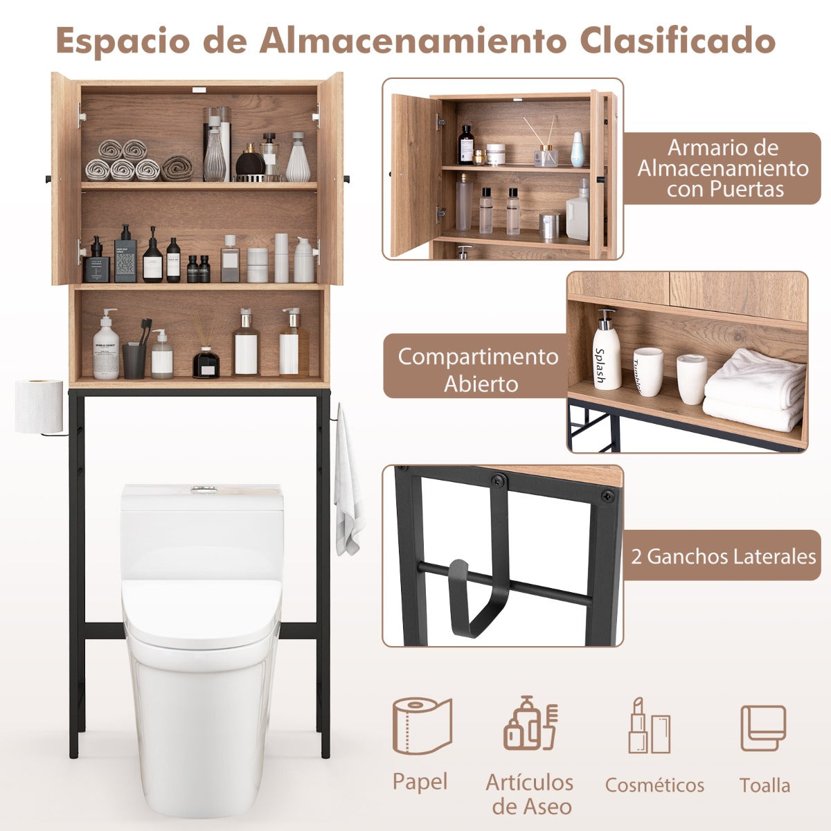 Armario de Almacenamiento sobre el Inodoro Estante Independiente para Baño con 2 Puertas Estante y Barra Estante sobre Lavandería Natural